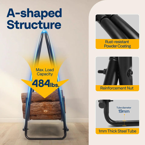 32 Inches Firewood Log Rack Hoop With Cover Built Tough Heavy Duty Solid Steel Storage Rack displaying A-shaped structure and details
