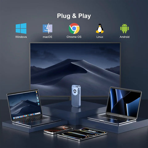 Premium 80Gbps M.2 Nvme Enclosure Featuring Active Cooling Fan And Thunderbolt 5 Usb4 V2.0 displaying plug and play compatibility with devices.