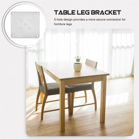 Table leg bracket with 5-hole design, made from galvanized steel, ensuring secure connection for furniture legs.