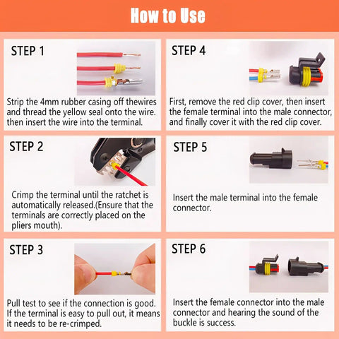 How to use guide for Weather Pack Connector Kit With Ratchet Crimping Tool For Automotive, Motorcycle And Boat Wiring, 1350Pcs In 1 To 6 Pin Sets