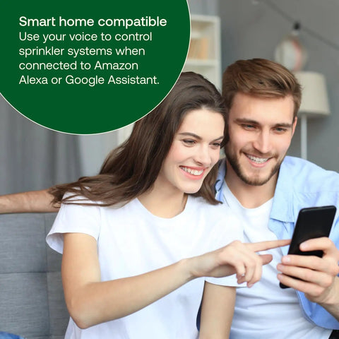 Couple using a smartphone for 8 Zone Smart WiFi Sprinkler Timer For Indoor And Outdoor Use You Control From The App With Alexa Compatibility
