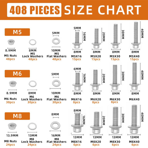 408 Pieces size chart for Heavy Duty Metric Bolt And Nut Assortment Kit With 408 Pieces Of M5 M6 M8 Hex Bolts Nuts And Washers In 304 Stainless Steel.