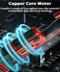 Heavy Duty Hydraulic Crimping Pliers With 5000mah Battery, 350 Degree Rotation Electric Pipe Press Tool Featuring OLED Screen close-up of copper core motor handle design.