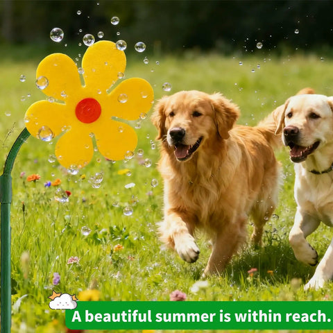 Two dogs playing with Crazy Daisy Sprinkler Dancing Sunflower Water Sprinkler For Lawn Garden Yard Watering And Outdoor Dog Play.