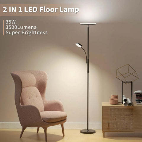 Torchiere Floor Lamp With Reading Light, 3500 Lumen LED Standing Lamp, 35W Energy Saver in living room setting