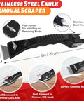 Stainless steel caulk removal scraper with installation button detail, part of All In One DIY Friendly Caulking And Sealing Kit.