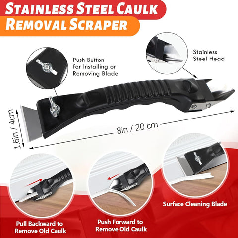 Stainless steel caulk removal scraper with installation button detail, part of All In One DIY Friendly Caulking And Sealing Kit.