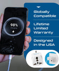 Person holding phone with 98% charging, text highlights global compatibility and lifetime warranty beside Grounded Type G Travel Plug Adapter Set 3 Pack For UK Ireland Hong Kong UAE And More Universal Compatibility For Most Sockets Small Compact Travel Size White The Ultimate Travel Hack For International Trips.