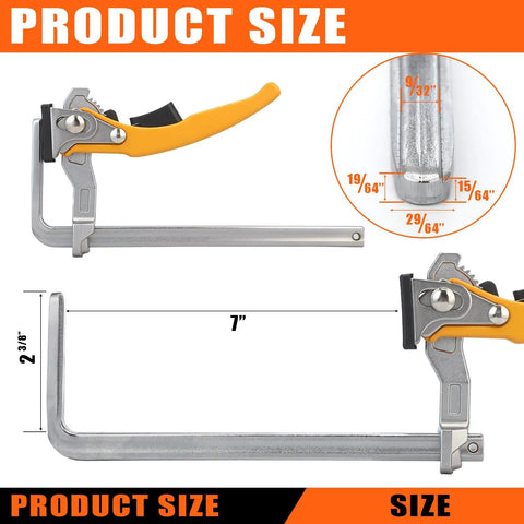 Four Pack Quick Release Ratcheting Table Clamps With Seven Inch Capacity And Two And Three Eighths Inch Throat Depth For MFT Track Saw And Guide Rail Systems Rotating Pressure Pad For Precise Woodworking Heavy Duty Durable Steel Build, 7 in clamp size