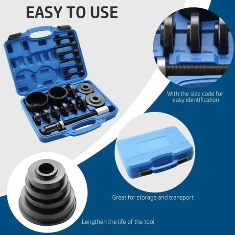 Front Wheel Drive Bearing Removal Kit With 19 Piece Hub Bearing Puller And Installation Adapters in blue carrying case
