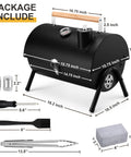 Portable Charcoal Grill Set For Outdoor Grilling And Camping with tools, thermometer, chimney, tongs, spatula, brush, and spice shakers.