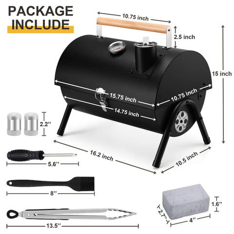 Portable Charcoal Grill Set For Outdoor Grilling And Camping with tools, thermometer, chimney, tongs, spatula, brush, and spice shakers.