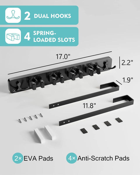 No Drill Over The Door Mop And Broom Holder With Four Slots And Four Hooks Wood Tool Hanger dimensions and components shown