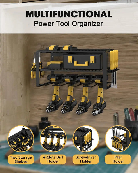 Wall Mount Power Tool Organizer With Six AC Outlets And Charging Station, Three Tier Drill Rack installed in garage.