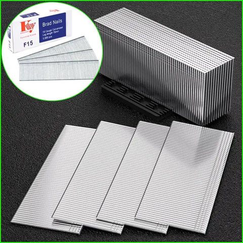 Pro Grade Galvanized Brad Nails Five Thousand Pack For 18 Gauge Pneumatic And Electric Nailer Guns stacked on a black background.