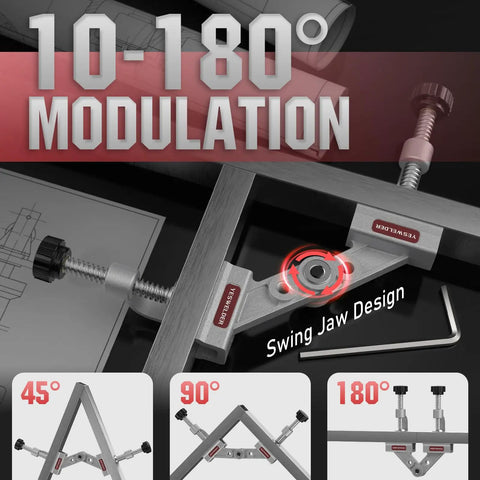 10 To 180 Degree Adjustable Tube Clamp With Swing Jaw Aluminum Alloy Right Angle Corner Clamp for welding and woodworking projects.