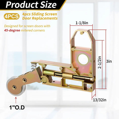 Premium Heavy Duty Four Pack Sliding Screen Door Rollers With One Inch Concave Wheels And Height Adjusting Screws. Size details shown.