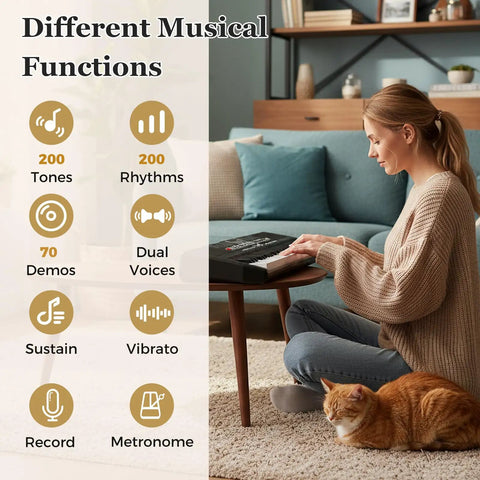 Woman using 61 Key Portable Keyboard Piano With Stand And Bench Lighted Keys 200 Rhythms And 200 Tones, cat nearby on the floor.