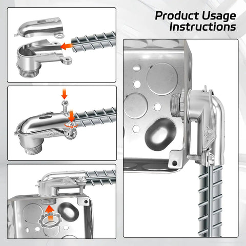 Rock Solid 6 Pack 90 Degree Squeeze Connectors For Half Inch Flexible Metal Conduit assembly instructions showing fittings connection.