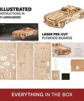 Winged Sports Coupe 1:24 Wooden Model Kit for Adults, DIY 3D Puzzle Car With Gull Wing Design, Pull Back Ratchet Key Action, Realistic Details, Gearhead Approved Auto Hobby Favorite. Box contents, laser-cut plywood boards and instructions.