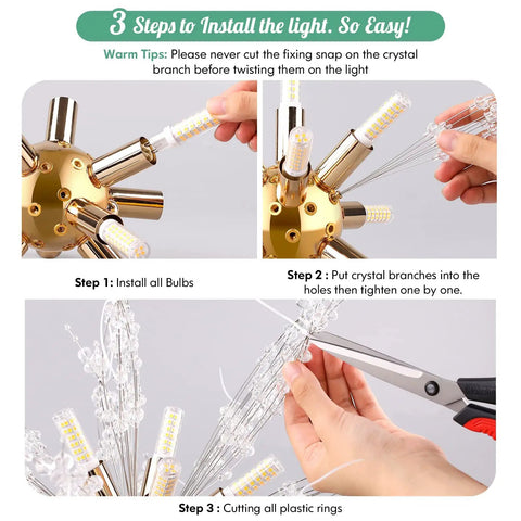Installation steps for 9-Light Dandelion Gold Fireworks Crystal Chandelier For Dining Room Bedroom Kitchen Living Room Foyer