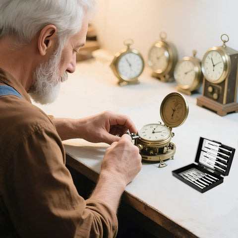 Craftsman using Compact 11 Piece Precision Screwdriver Set For Watch, Eyeglasses, And Electronics Repair with clocks in background