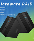 Black hardware RAID enclosure with dual bays for storage, showcasing RAID options, ideal for Badass Thunderbolt Docking Station.