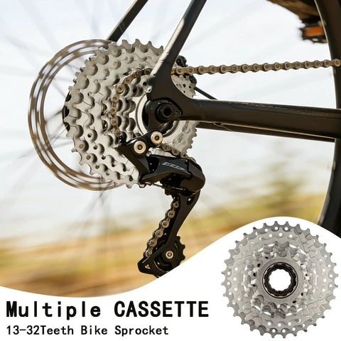 8 Speed Bike Freewheel 13 32T for Mountain Folding and Commuter Bikes attached to a bicycle rear wheel, showcasing steel cogs.