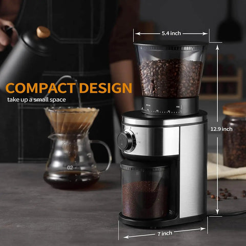Straight Up Smooth Electric Conical Burr Coffee Grinder Sporting 30 Precision Adjustments with coffee beans in clear hopper.
