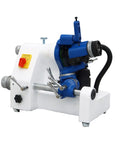 Pro Shop Bench Tool Sharpener And Precision Grinder Adapter Quick Change Post Restoring Razor Edges On Drill Bits End Mills And Lathe Tools Solid As A Rock, blue and white sharpener with mechanical controls.