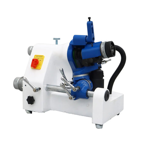 Pro Shop Bench Tool Sharpener And Precision Grinder Adapter Quick Change Post Restoring Razor Edges On Drill Bits End Mills And Lathe Tools Solid As A Rock, blue and white sharpener with mechanical controls.