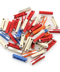 European Auto Torpedo Fuses 50 Pack With Color Coded Plastic Bodies Heavy Duty 5A 8A 16A 25 Amp assorted fuses laid out.