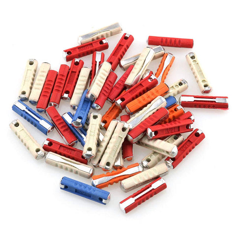 European Auto Torpedo Fuses 50 Pack With Color Coded Plastic Bodies Heavy Duty 5A 8A 16A 25 Amp assorted fuses laid out.