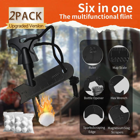 Magnesium Fire Starter With Striker Kit High Temp Ferro Rod Fire Starter Survival Tool With 20 Pack Waterproof Tinder For Camping Hiking Emergency Prep EDC, showcasing multifunctional features.