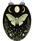 Elongated Resin Toilet Seat for Bathroom featuring a green moth, floral design, and celestial motifs on a black background.