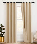 Seriously Insane 3 Layer Soundproof Curtains 84 Inch Blackout Drapes Featuring Detachable Felt Liner in soft beige fabric, elegantly hanging.