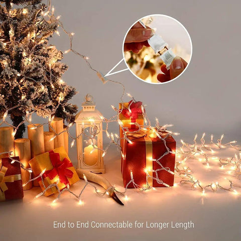 Incandescent Christmas Lights Set, 21.63 Ft Long, 100 Clear Mini Bulbs, Connectable End-To-End, 120V UL Certified on white wire