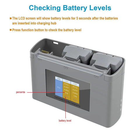 Two Way Battery Charger Hub For Mini 4K Mini 2 Mini 2 SE Mini SE with LCD display showing battery levels and charging slots