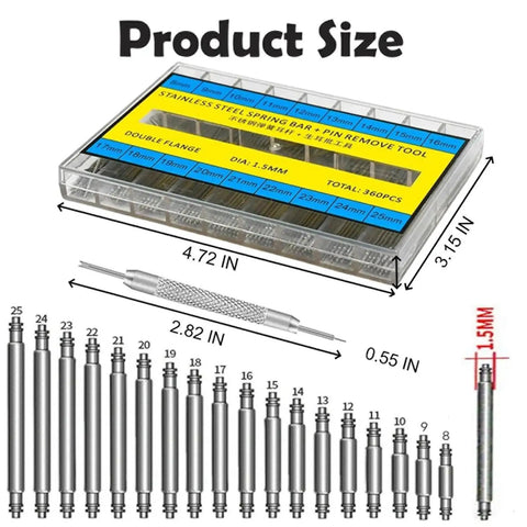 Slick Stainless Steel Watch Band Spring Bar Pins Kit With Removal Tool 360 Pieces 1.5mm in clear case with tools and sizes.