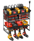 Power Tool Organizer With 10 Outlet Power Strip Four Tier Wall Mount Drill Holder And Charging Station Stores 4 Drills On Bottom Shelf
