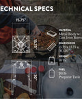 Propane Single Burner Camp Stove With High Temp Paint, showing technical specs, red steel braided regulator, dimensions, and use.