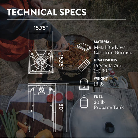 Propane Single Burner Camp Stove With High Temp Paint, showing technical specs, red steel braided regulator, dimensions, and use.