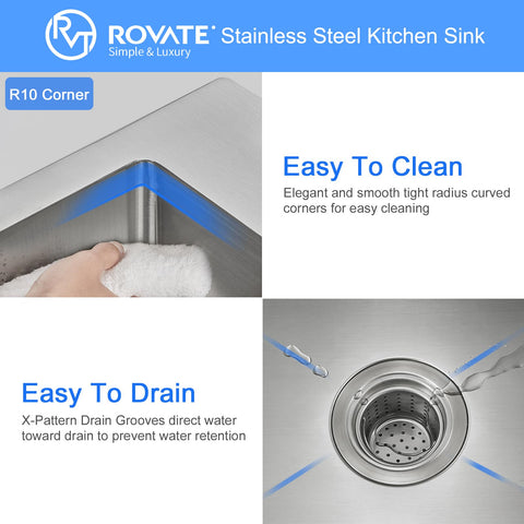 R10 corner stainless steel kitchen sink with easy-to-clean curved corners and X-pattern drain grooves