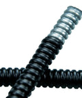 Close-up of Heavy Duty 2 Inch Liquid Tight Flexible Metal Conduit Pvc Coated Galvanized Steel Core Black Wire Raceway.