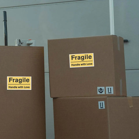 Yellow Fragile Stickers For Small Business Packaging 6 Pack High Visibility PVC Adhesive Labels For Shipping Moving Warehouses Parcels Luggage And Handling Durable Fragile Warning Signs For Safe Delivery on cardboard boxes
