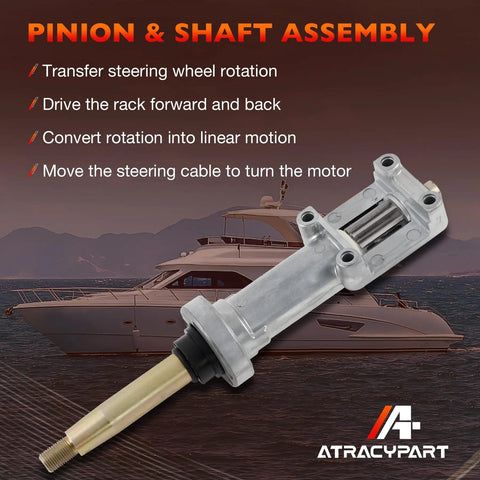 Marine Rack-and-Pinion Boat Steering Cable Kit 16-Foot Back Mount SS14116 gear assembly with pinion and shaft details.