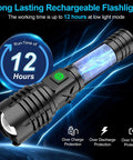 Rechargeable 10000 Lumen LED Tactical Flashlight With 5000mAh Battery highlighted on blue background, 12-hour runtime
