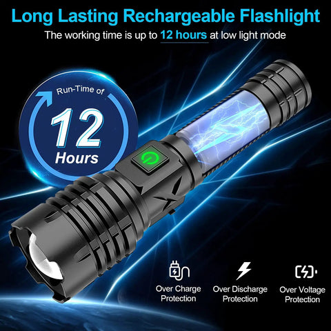 Rechargeable 10000 Lumen LED Tactical Flashlight With 5000mAh Battery highlighted on blue background, 12-hour runtime