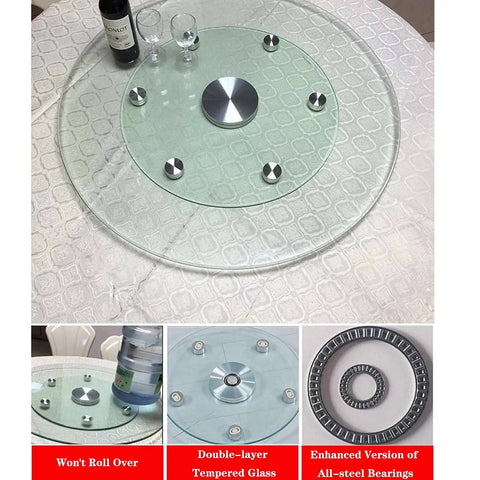 Transparent Tempered Glass Lazy Susan Turntable With Silent Bearing and Auxiliary Wheel on table with wine and glasses.
