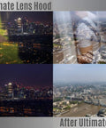 Comparison of cityscapes showing glare before and clarity after using Ultimate Lens Hood for DSLR cameras, anti reflection rubber hood.
